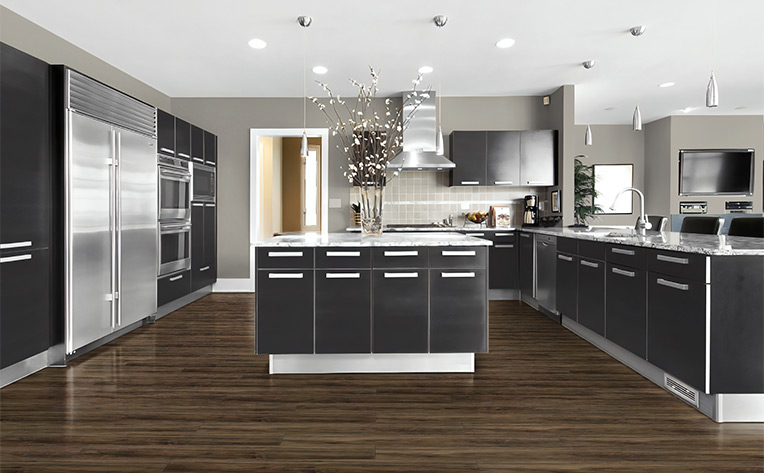 dark luxury vinyl plank flooring in kitchen